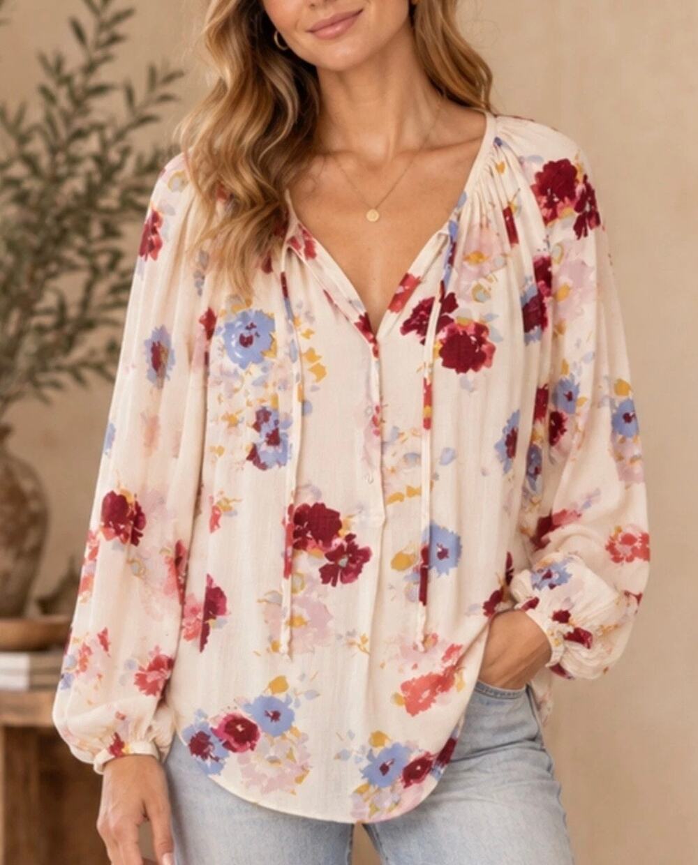 Lucky Brand Floral Peasant Top Blouse Cream Size 1X Boho Cottage